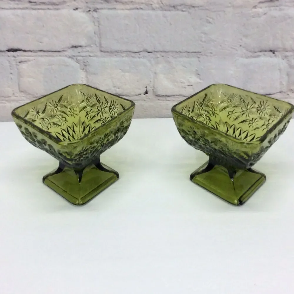 Vintage Indiana Glass Olive Green Diamond Shape Pedestal Candy Dish Bowl Set 2